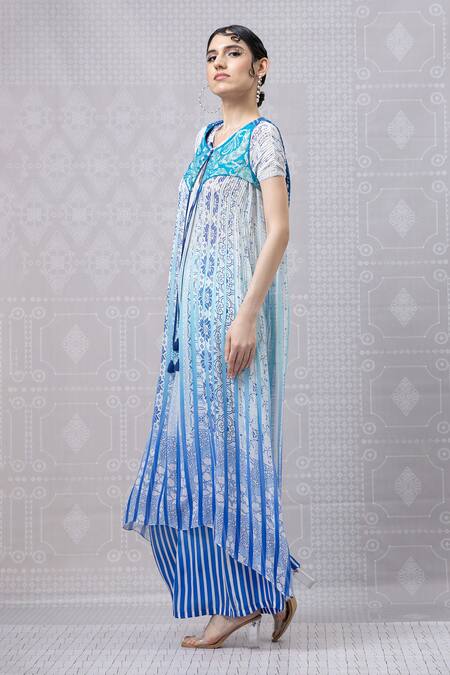 Buy_Niki Mahajan_Blue Crepe Beads, Embroidery Round Vintage Hand Block Print Kurta And Pant Set _Online_at_Aza_Fashions