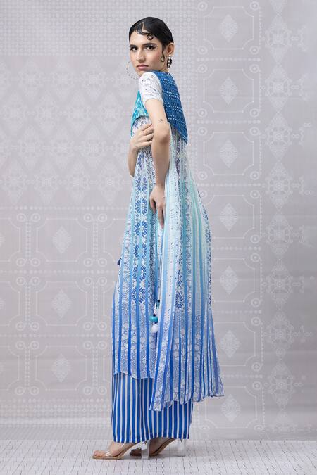 Shop_Niki Mahajan_Blue Crepe Beads, Embroidery Round Vintage Hand Block Print Kurta And Pant Set _Online_at_Aza_Fashions