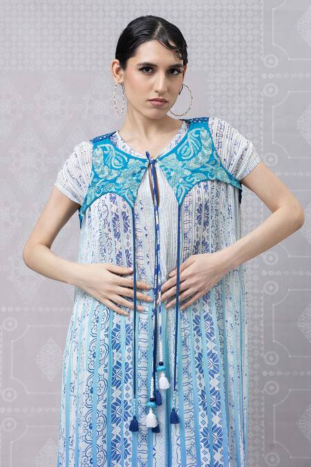Niki Mahajan_Blue Crepe Beads, Embroidery Round Vintage Hand Block Print Kurta And Pant Set _at_Aza_Fashions