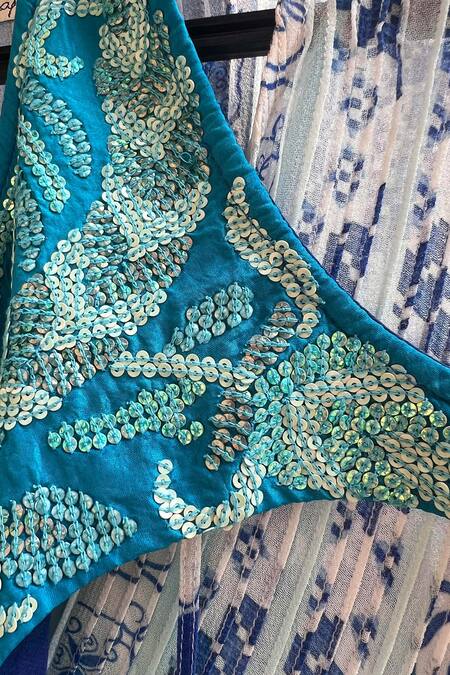 Buy_Niki Mahajan_Blue Crepe Beads, Embroidery Round Vintage Hand Block Print Kurta And Pant Set 