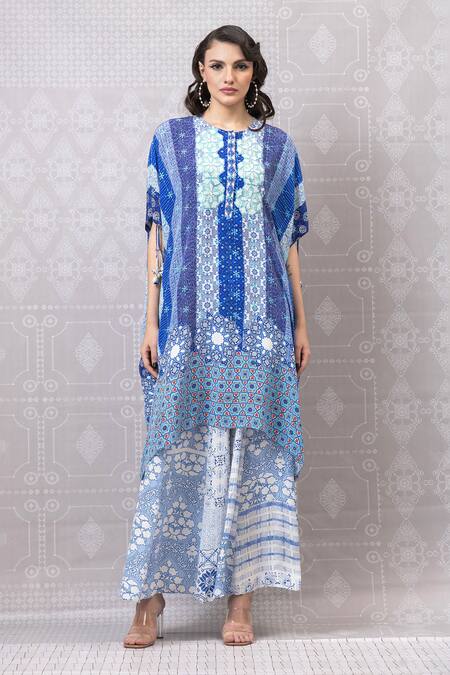 Niki Mahajan_Blue Crepe Beads Round Neck Vintage Hand Block Kurta And Pant Set _Online_at_Aza_Fashions