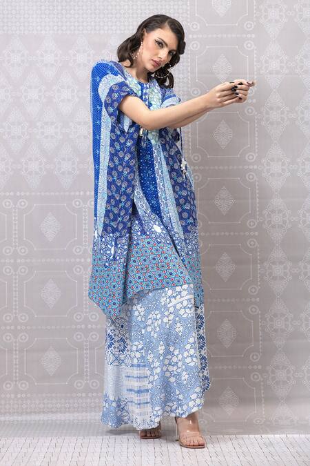 Buy_Niki Mahajan_Blue Crepe Beads Round Neck Vintage Hand Block Kurta And Pant Set _Online_at_Aza_Fashions