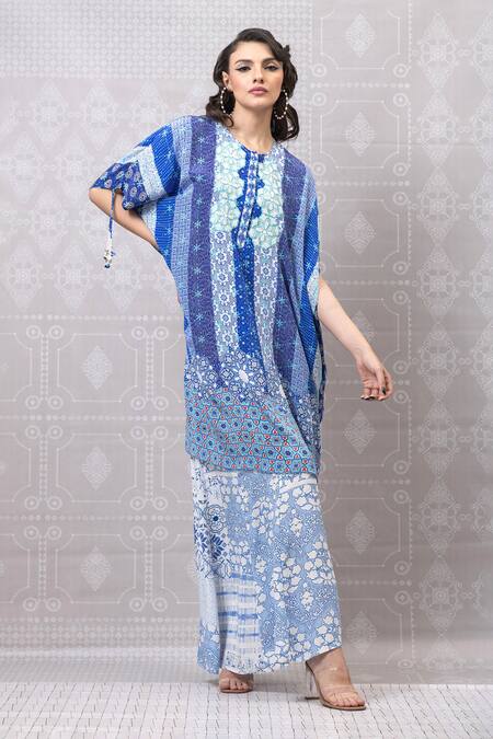 Shop_Niki Mahajan_Blue Crepe Beads Round Neck Vintage Hand Block Kurta And Pant Set _Online_at_Aza_Fashions