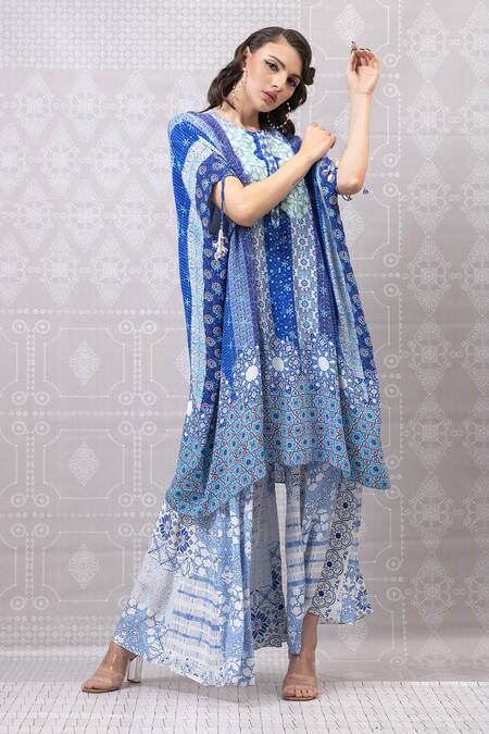 Niki Mahajan_Blue Crepe Beads Round Neck Vintage Hand Block Kurta And Pant Set _at_Aza_Fashions