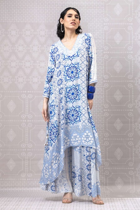 Niki Mahajan Blue Crepe Hand Block Vintage V-neck Asymmetric Kurta With Pant 