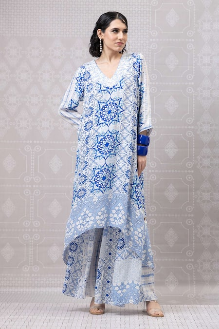 Niki Mahajan_Blue Crepe Pearls, Sequins V-neck Hand Block Asymmetric Kurta With Pant _Online_at_Aza_Fashions
