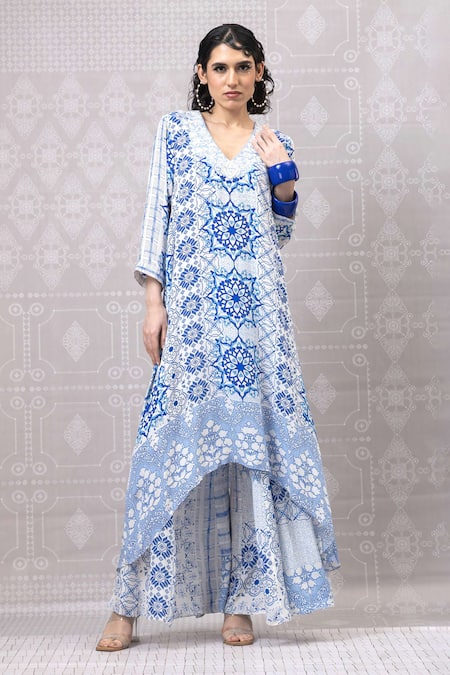 Buy_Niki Mahajan_Blue Crepe Pearls, Sequins V-neck Hand Block Asymmetric Kurta With Pant _Online_at_Aza_Fashions