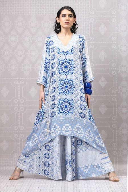 Shop_Niki Mahajan_Blue Crepe Pearls, Sequins V-neck Hand Block Asymmetric Kurta With Pant _Online_at_Aza_Fashions