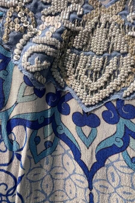 Buy_Niki Mahajan_Blue Crepe Pearls, Sequins V-neck Hand Block Asymmetric Kurta With Pant 