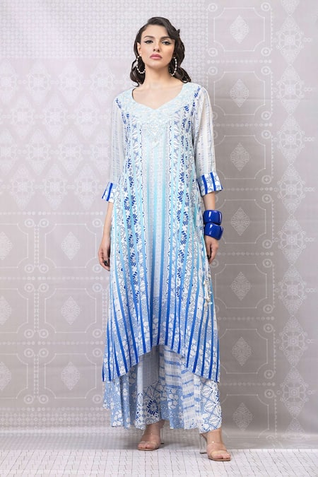 Niki Mahajan Blue Crepe Hand Block Vintage Leaf Asymmetric Kurta With Pant 