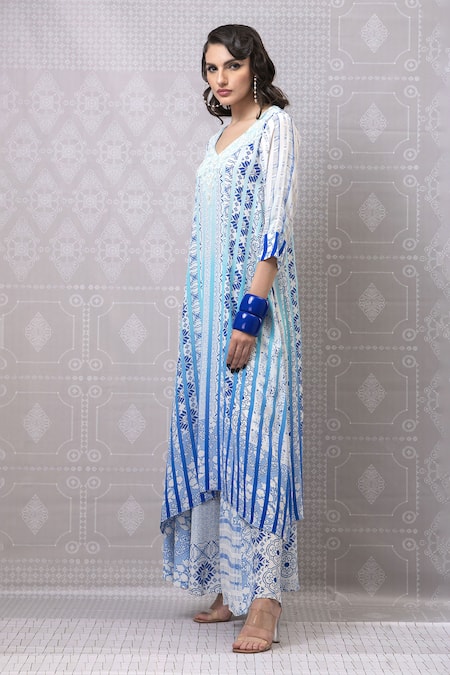 Buy_Niki Mahajan_Blue Crepe Pearls, Sequins Asymmetric Vintage Hand Block Kurta With Pant _Online_at_Aza_Fashions