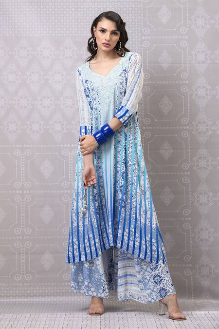 Shop_Niki Mahajan_Blue Crepe Pearls, Sequins Asymmetric Vintage Hand Block Kurta With Pant _Online_at_Aza_Fashions