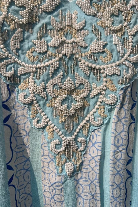 Shop_Niki Mahajan_Blue Crepe Pearls, Sequins Asymmetric Vintage Hand Block Kurta With Pant 