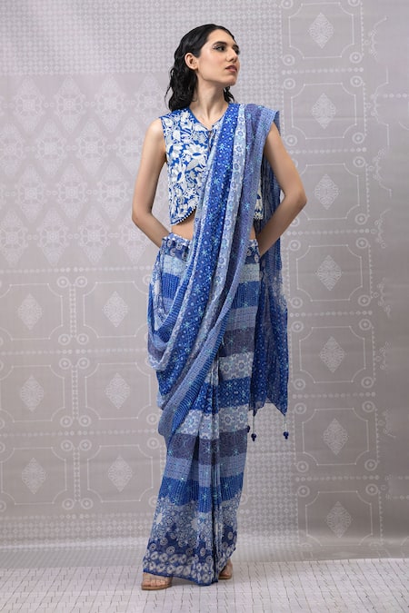 Niki Mahajan Blue Georgette Hand Block Vintage Round Pre-draped Saree With Blouse 