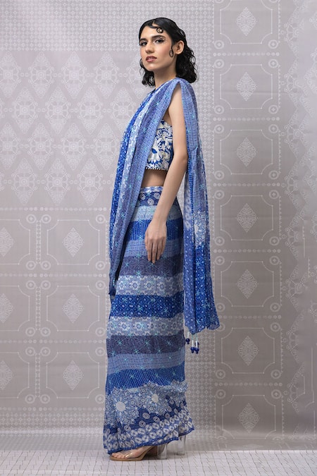 Niki Mahajan_Blue Georgette Pearls, Sequins Round Hand Block Pre-draped Saree With Blouse _Online_at_Aza_Fashions