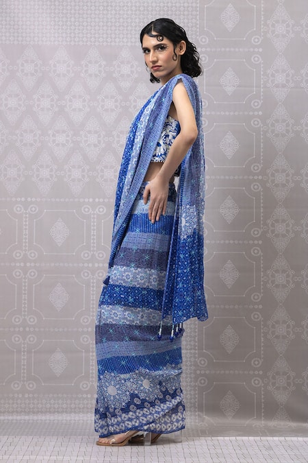 Shop_Niki Mahajan_Blue Georgette Pearls, Sequins Round Hand Block Pre-draped Saree With Blouse _Online_at_Aza_Fashions