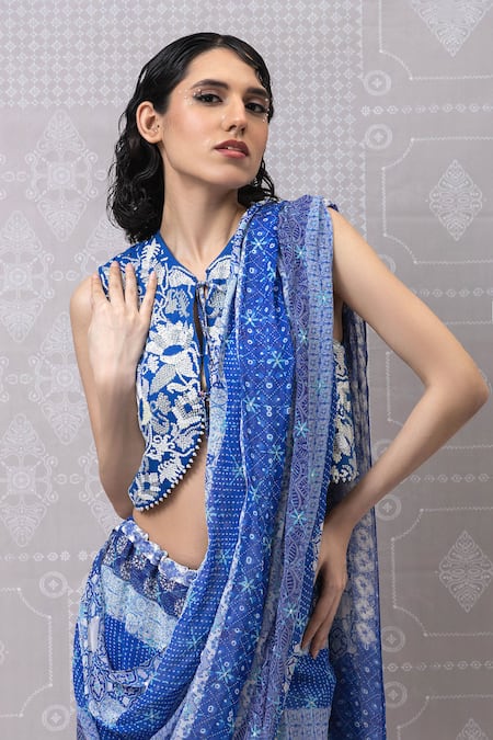 Niki Mahajan_Blue Georgette Pearls, Sequins Round Hand Block Pre-draped Saree With Blouse _at_Aza_Fashions