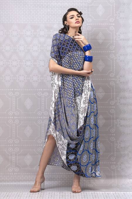 Niki Mahajan_Blue Crepe Hand Block Vintage One Shoulder Draped Dress _Online_at_Aza_Fashions