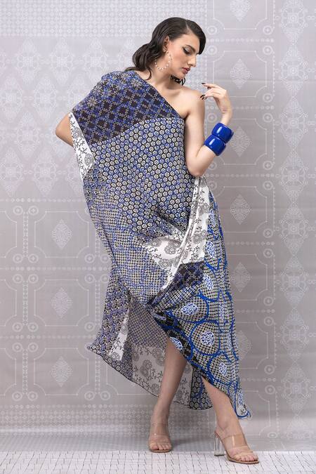 Buy_Niki Mahajan_Blue Crepe Hand Block Vintage One Shoulder Draped Dress _Online_at_Aza_Fashions