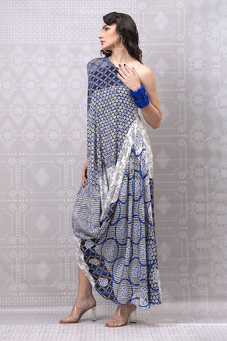 Shop_Niki Mahajan_Blue Crepe Hand Block Vintage One Shoulder Draped Dress _Online_at_Aza_Fashions