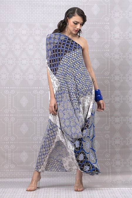 Niki Mahajan_Blue Crepe Hand Block Vintage One Shoulder Draped Dress _at_Aza_Fashions