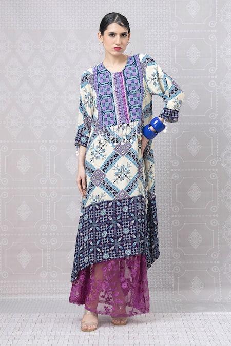 Niki Mahajan Hand Block Asymmetric Kurta With Skirt 