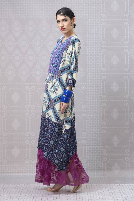 Niki Mahajan_Blue Crepe Pearls, Sequins, Embroidery Hand Block Asymmetric Kurta With Skirt _Online_at_Aza_Fashions