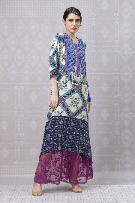 Buy_Niki Mahajan_Blue Crepe Pearls, Sequins, Embroidery Hand Block Asymmetric Kurta With Skirt _Online_at_Aza_Fashions