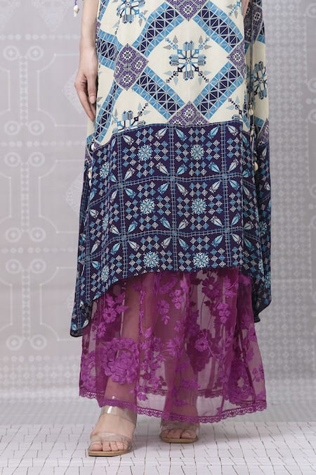Shop_Niki Mahajan_Blue Crepe Pearls, Sequins, Embroidery Hand Block Asymmetric Kurta With Skirt _Online_at_Aza_Fashions