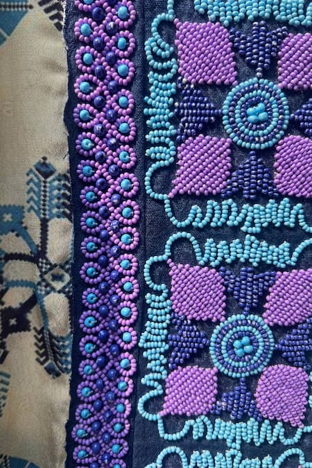 Niki Mahajan_Blue Crepe Pearls, Sequins, Embroidery Hand Block Asymmetric Kurta With Skirt _at_Aza_Fashions