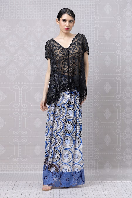 Shop_Niki Mahajan_Black Crepe Hand Block Vintage V-neck Top With Print Pant _Online_at_Aza_Fashions