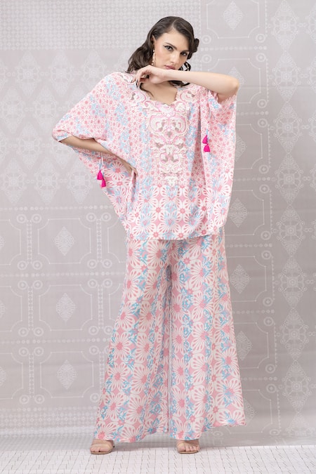 Niki Mahajan_Pink Crepe Pearls, Sequins Round Neck Hand Block Short Kaftan With Pant _Online_at_Aza_Fashions