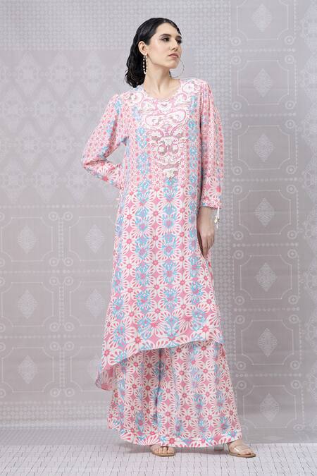 Niki Mahajan_Pink Crepe Pearls, Sequins, Embroidery Round Hand Asymmetric Kurta With Pant _Online_at_Aza_Fashions