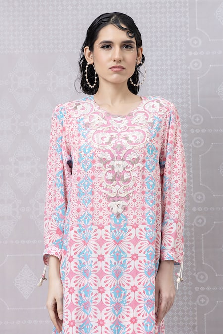 Buy_Niki Mahajan_Pink Crepe Pearls, Sequins, Embroidery Round Hand Asymmetric Kurta With Pant _Online_at_Aza_Fashions