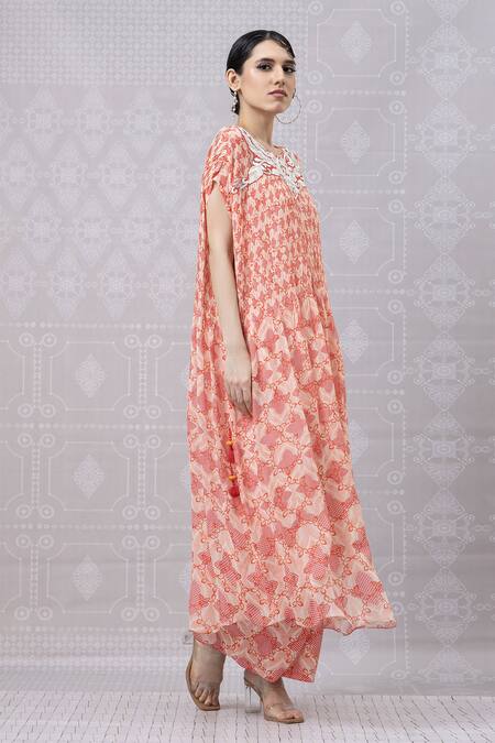 Niki Mahajan_Peach Georgette Pearls, Sequins Boat Placed Hand Embroidered Kurta With Pant _Online_at_Aza_Fashions