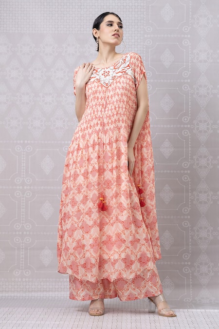 Shop_Niki Mahajan_Peach Georgette Pearls, Sequins Boat Placed Hand Embroidered Kurta With Pant _Online_at_Aza_Fashions