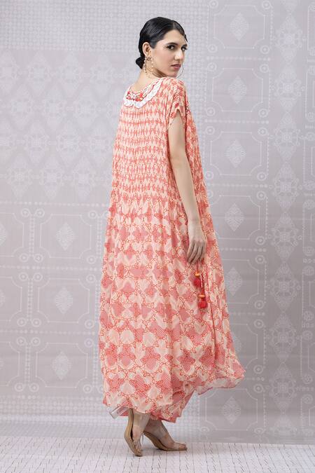 Niki Mahajan_Peach Georgette Pearls, Sequins Boat Placed Hand Embroidered Kurta With Pant _at_Aza_Fashions