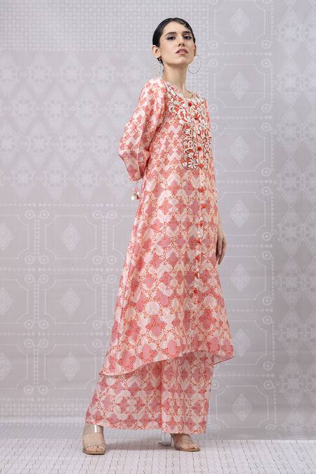 Niki Mahajan_Peach Crepe Pearls, Sequins Collared Hand Embroidered Kurta With Pant _Online_at_Aza_Fashions