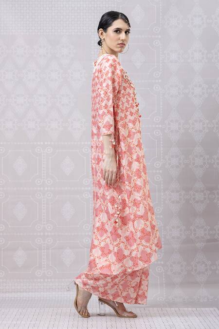 Buy_Niki Mahajan_Peach Crepe Pearls, Sequins Collared Hand Embroidered Kurta With Pant _Online_at_Aza_Fashions