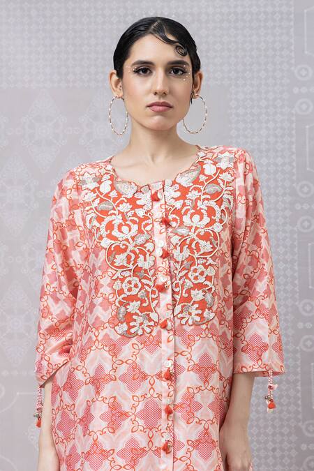 Shop_Niki Mahajan_Peach Crepe Pearls, Sequins Collared Hand Embroidered Kurta With Pant _Online_at_Aza_Fashions