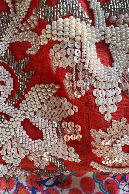 Niki Mahajan_Peach Crepe Pearls, Sequins Collared Hand Embroidered Kurta With Pant _at_Aza_Fashions