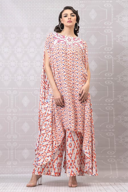 Niki Mahajan Pink Crepe Hand Block Vintage Boat Embroidered Kurta And Pant Set 