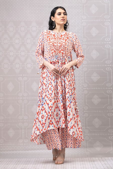 Niki Mahajan Pink Crepe Hand Block Vintage Round Embroidered Asymmetric Kurta And Pant Set 