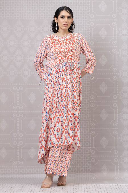 Buy_Niki Mahajan_Pink Crepe Pearls, Sequins Round Hand Embroidered Asymmetric Kurta And Pant Set _Online_at_Aza_Fashions