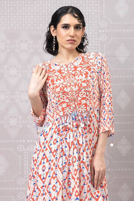 Niki Mahajan_Pink Crepe Pearls, Sequins Round Hand Embroidered Asymmetric Kurta And Pant Set _at_Aza_Fashions