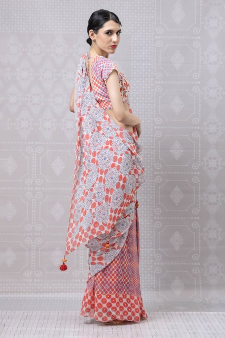 Niki Mahajan_Pink Georgette Beads, Tassels, Vintage Hand Block Pre-draped Saree With Blouse _Online_at_Aza_Fashions