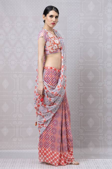 Buy_Niki Mahajan_Pink Georgette Beads, Tassels, Vintage Hand Block Pre-draped Saree With Blouse _Online_at_Aza_Fashions