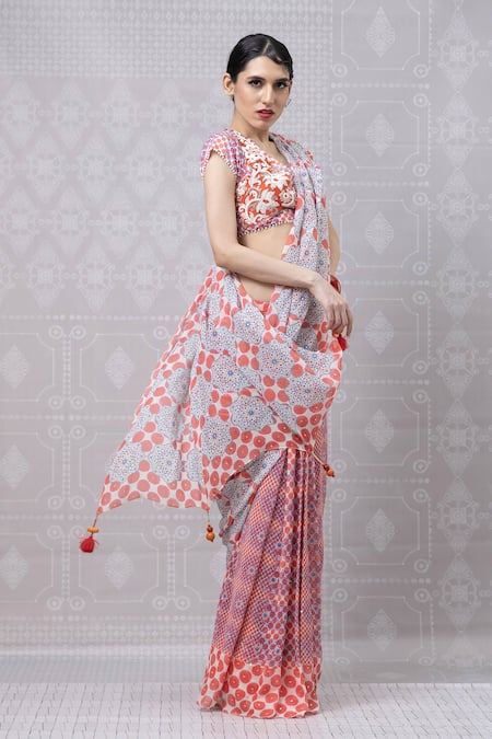 Niki Mahajan_Pink Georgette Beads, Tassels, Vintage Hand Block Pre-draped Saree With Blouse _at_Aza_Fashions