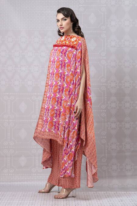 Buy_Niki Mahajan_Red Crepe Pearls, Sequins Round Neck Asymmetric Hand Embroidered Kurta With Pant _Online_at_Aza_Fashions