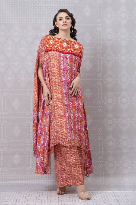 Buy_Niki Mahajan_Red Crepe Pearls, Sequins Round Neck Asymmetric Hand Embroidered Kurta With Pant 